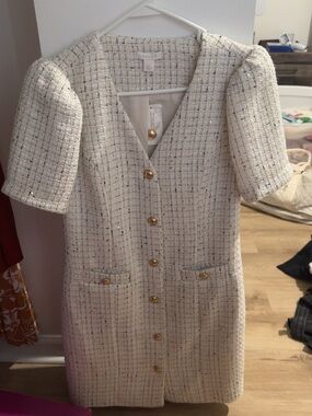 Cache Cream Tweed Midi Dress with Gold Buttons